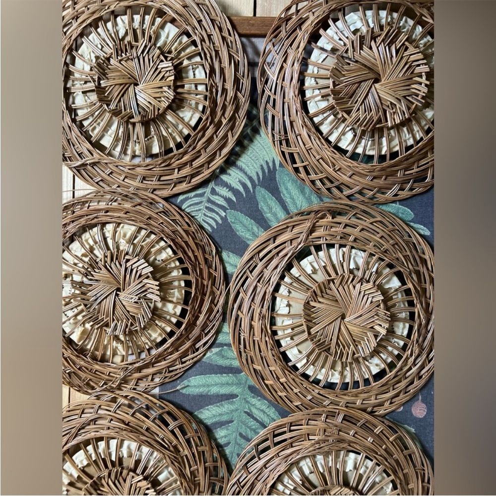 Vintage 1970s Fabric Wall Plaques With Wicker Framing Set 6 Farmhouse Country - Picture 8 of 9